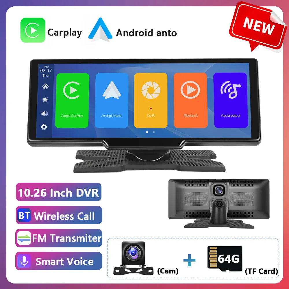 Podofo Wireless Carplay Portable Digital Dashboard Android Auto 10.26 Inch Smart Player With Voice Control 1080P BT TF