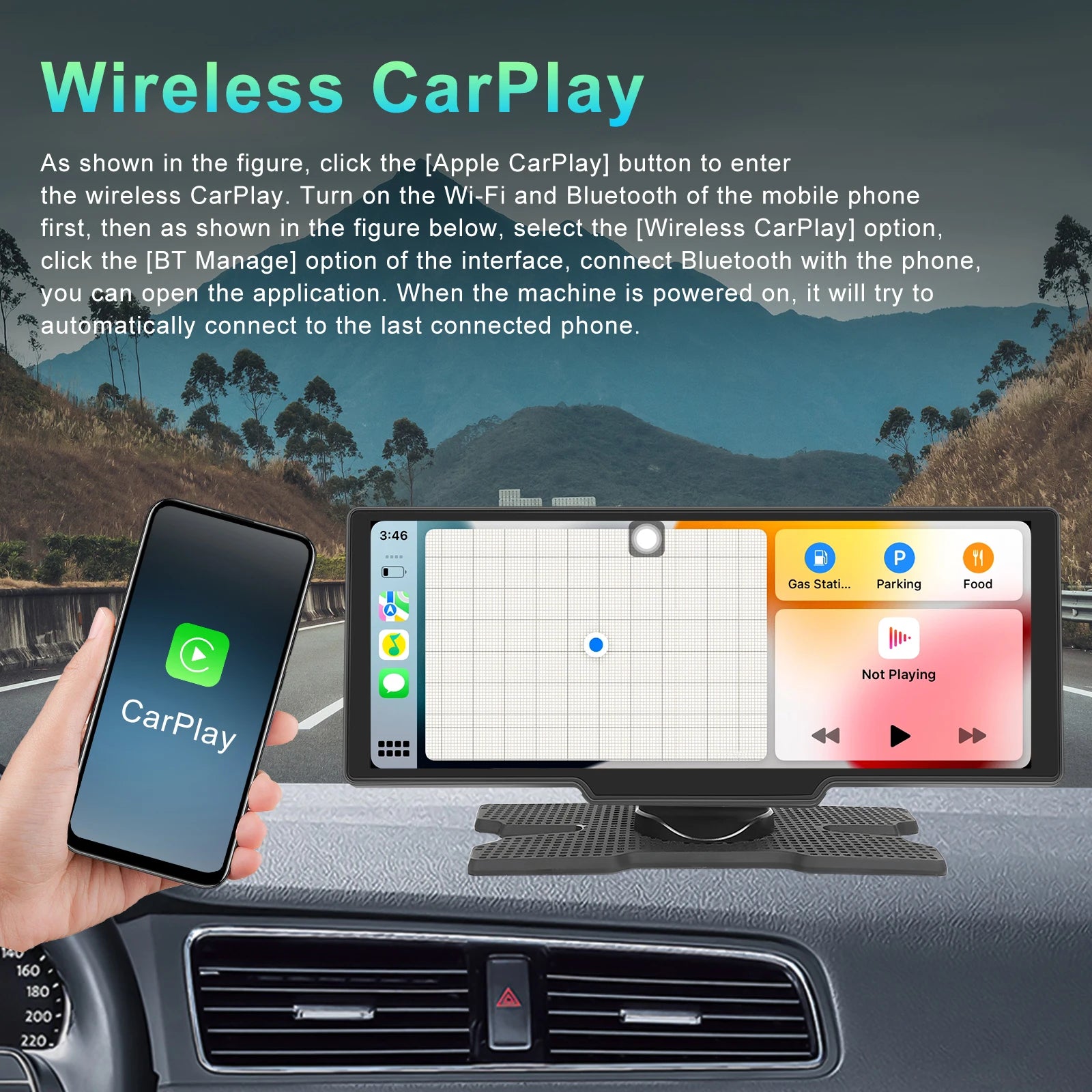 Podofo Wireless Carplay Portable Digital Dashboard Android Auto 10.26 Inch Smart Player With Voice Control 1080P BT TF