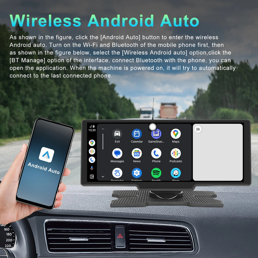 Podofo Wireless Carplay Portable Digital Dashboard Android Auto 10.26 Inch Smart Player With Voice Control 1080P BT TF