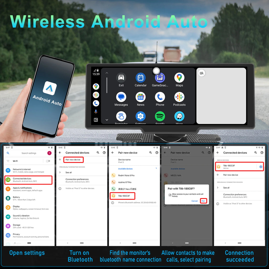 Podofo Wireless Carplay Portable Digital Dashboard Android Auto 10.26 Inch Smart Player With Voice Control 1080P BT TF