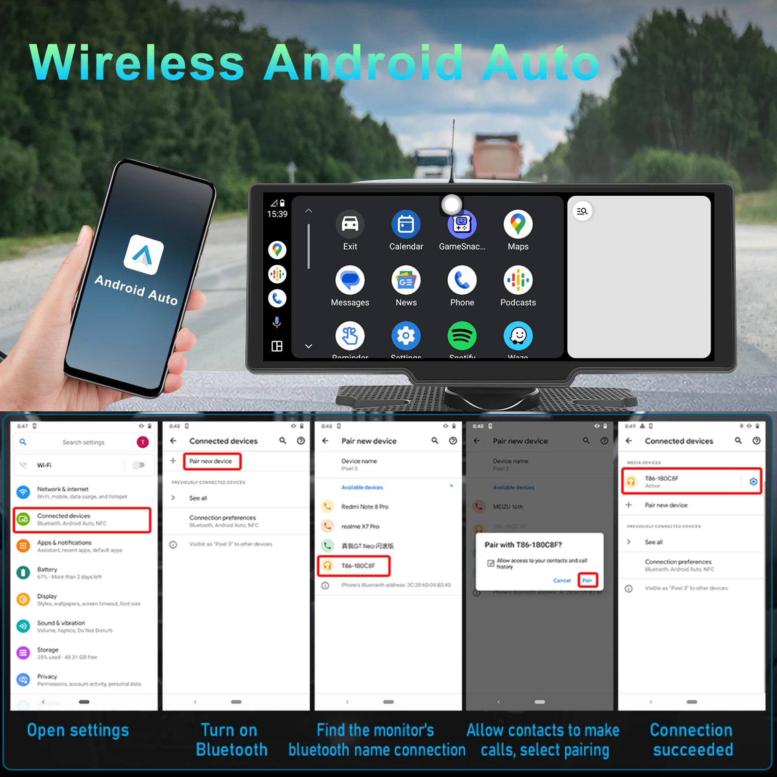 Podofo Wireless Carplay Portable Digital Dashboard Android Auto 10.26 Inch Smart Player With Voice Control 1080P BT TF