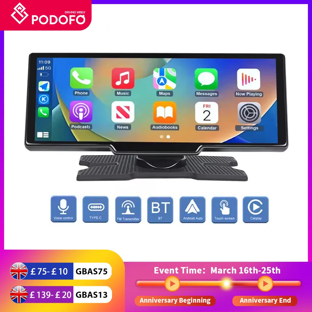 Podofo Wireless Carplay Portable Digital Dashboard Android Auto 10.26 Inch Smart Player With Voice Control 1080P BT TF