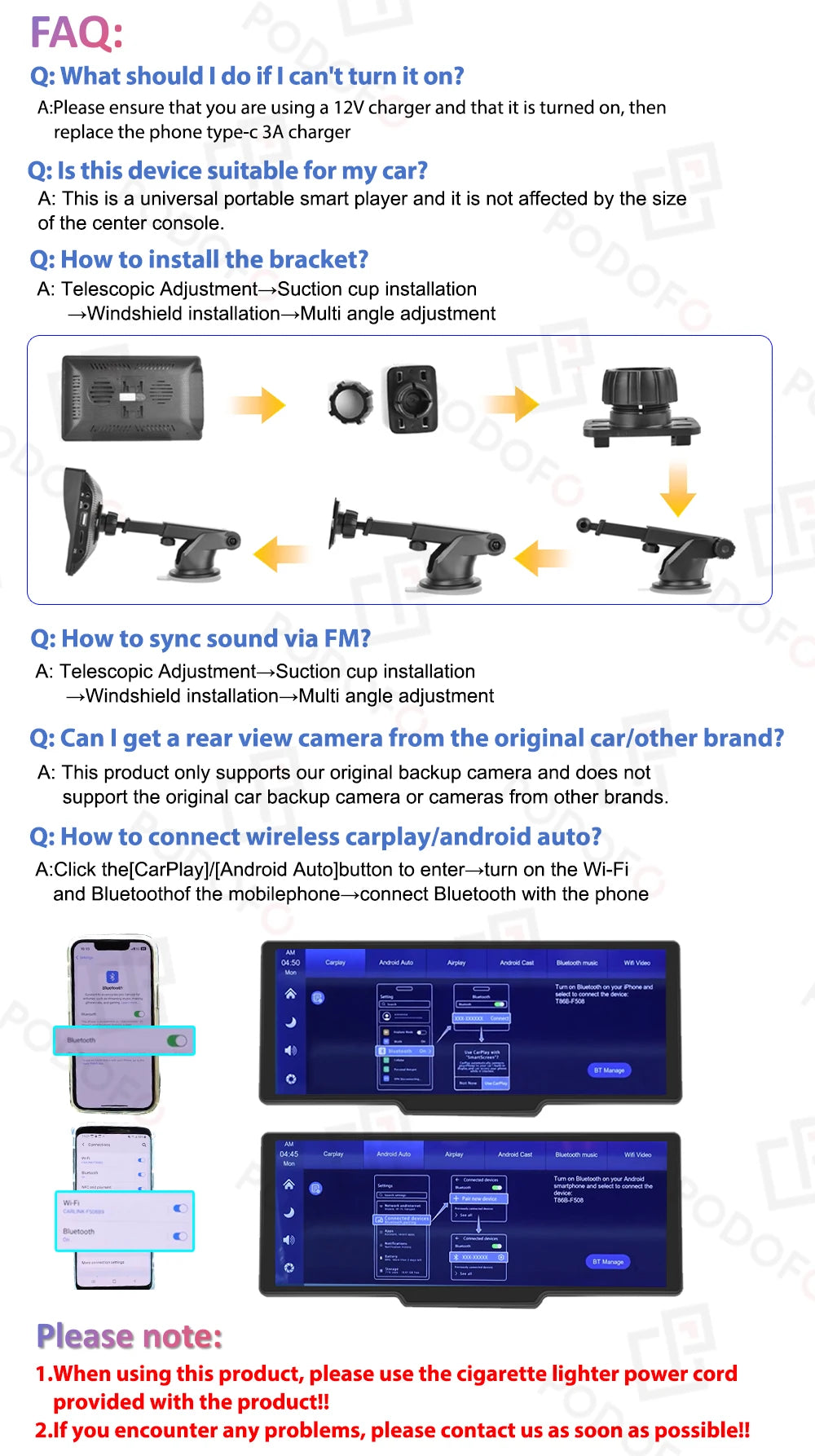 Podofo Wireless Carplay Portable Digital Dashboard Android Auto 10.26 Inch Smart Player With Voice Control 1080P BT TF