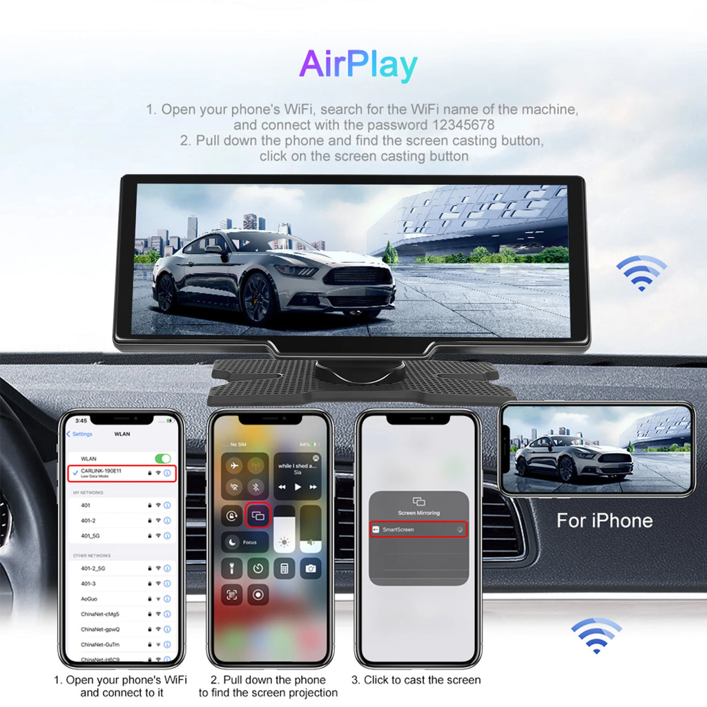 Podofo Wireless Carplay Portable Digital Dashboard Android Auto 10.26 Inch Smart Player With Voice Control 1080P BT TF