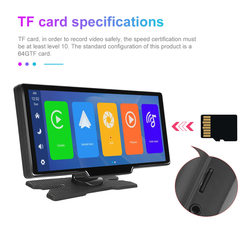 Podofo Wireless Carplay Portable Digital Dashboard Android Auto 10.26 Inch Smart Player With Voice Control 1080P BT TF