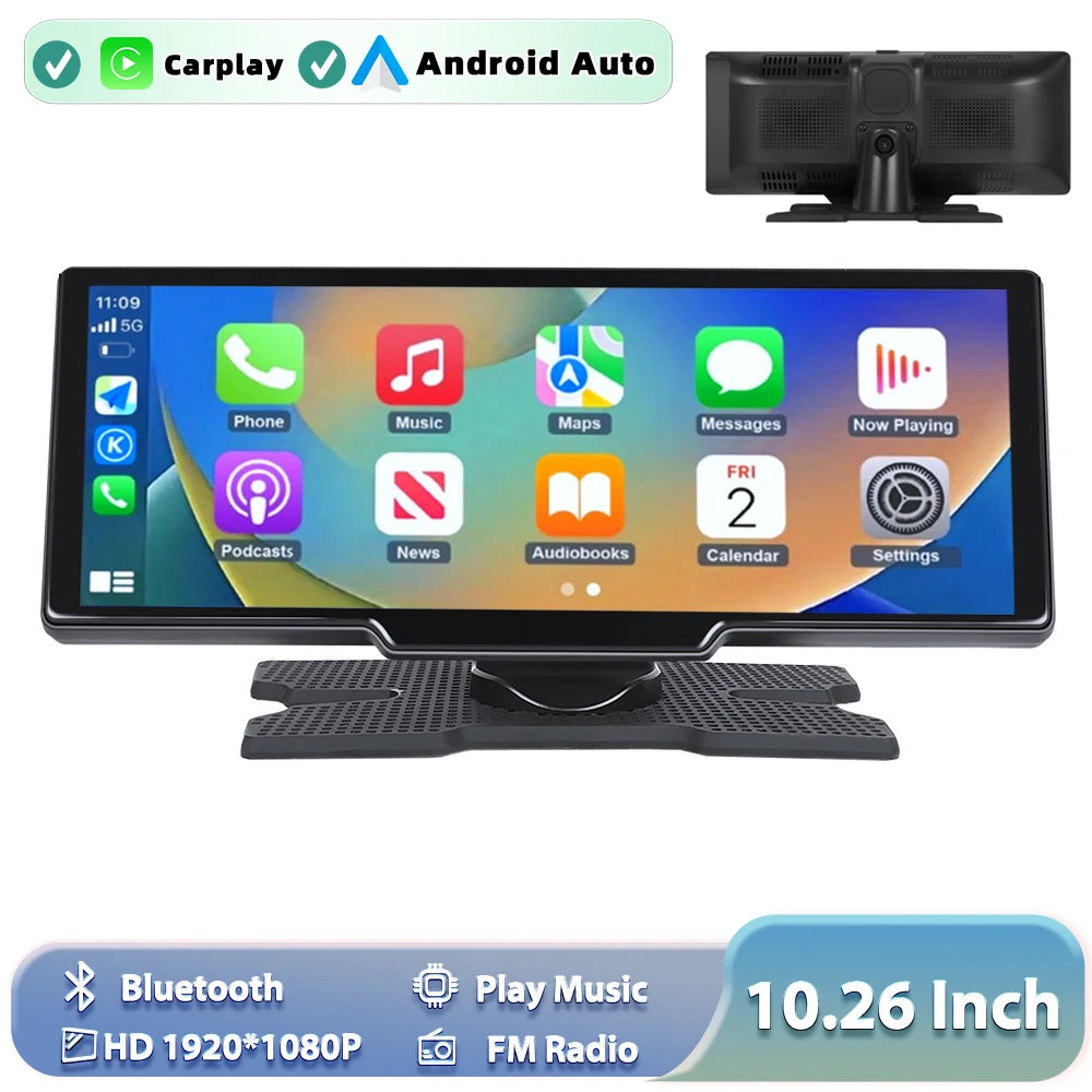 Podofo Wireless Carplay Portable Digital Dashboard Android Auto 10.26 Inch Smart Player With Voice Control 1080P BT TF