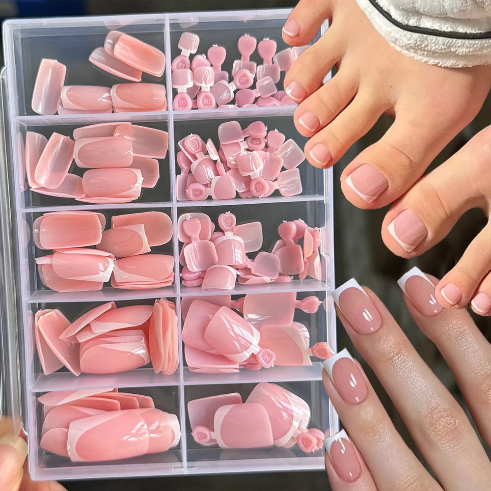 120pcs Short Square False Toe Nail Tips Pink French Soft Gel Press On Toenails White Edge Fake Toe nails Full Cover Toe Nail Tip