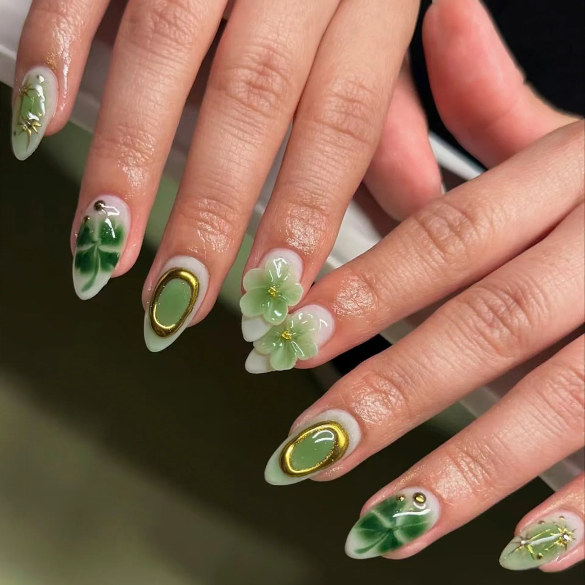 24PCS Pink Almond Press on Nails Full Cover Carved Flower 3D Ripples French Fake Nails for Women with Golden Pearl Wearable Nail