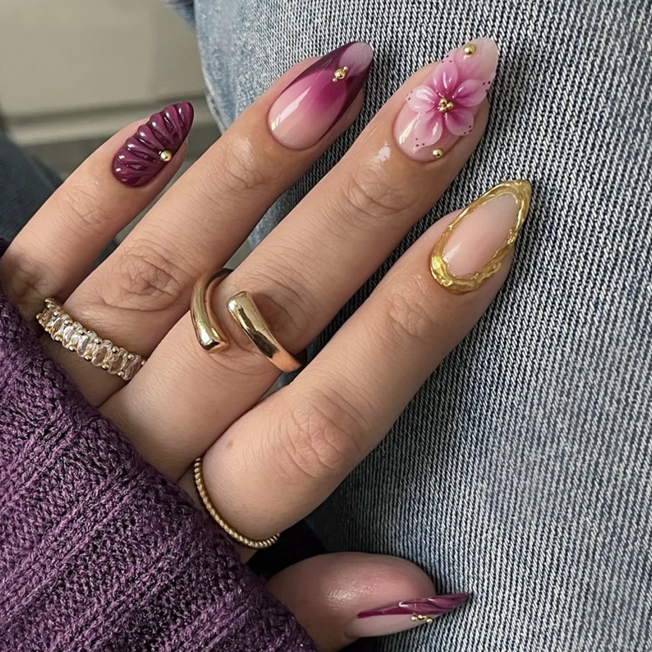 24PCS Pink Almond Press on Nails Full Cover Carved Flower 3D Ripples French Fake Nails for Women with Golden Pearl Wearable Nail