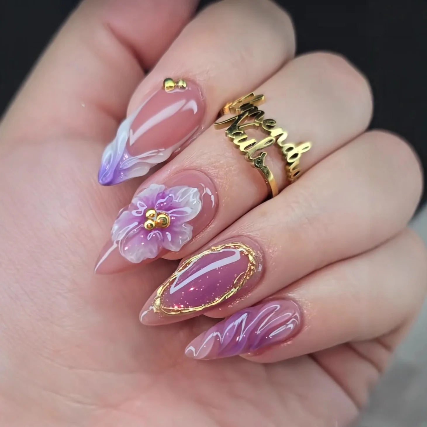 24PCS Pink Almond Press on Nails Full Cover Carved Flower 3D Ripples French Fake Nails for Women with Golden Pearl Wearable Nail