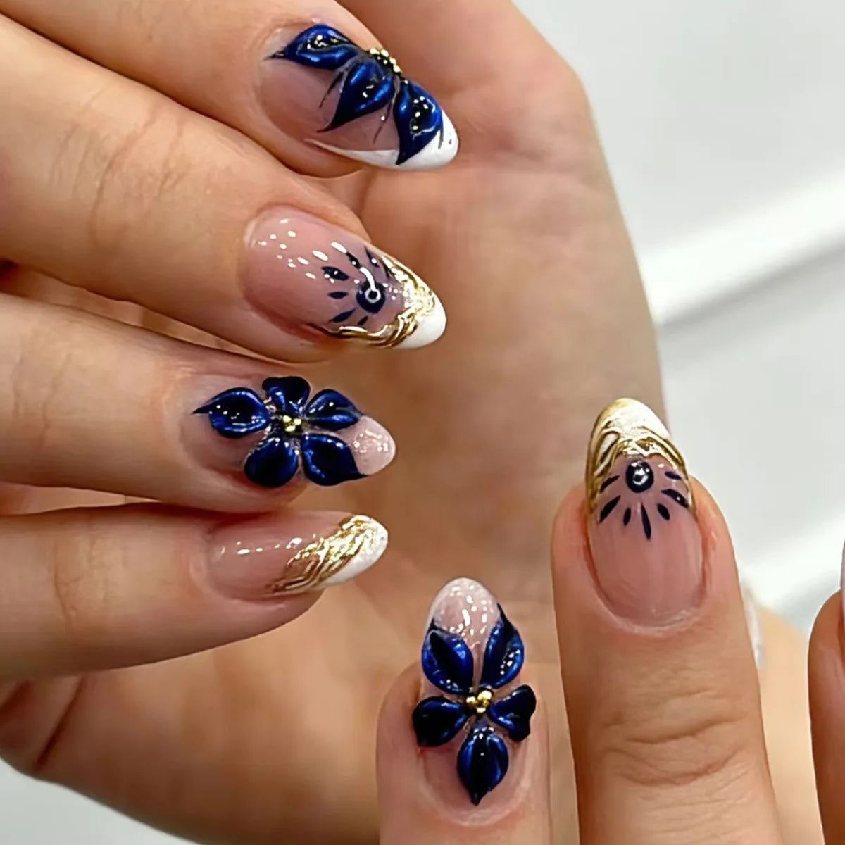 24PCS Pink Almond Press on Nails Full Cover Carved Flower 3D Ripples French Fake Nails for Women with Golden Pearl Wearable Nail