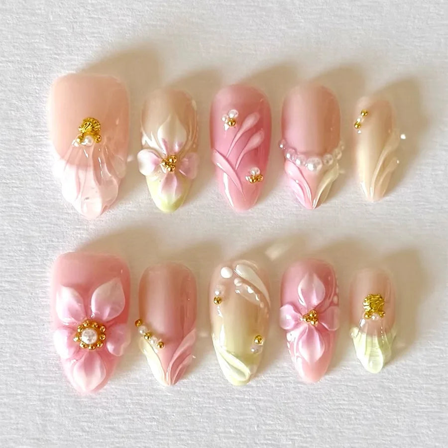 24PCS Pink Almond Press on Nails Full Cover Carved Flower 3D Ripples French Fake Nails for Women with Golden Pearl Wearable Nail