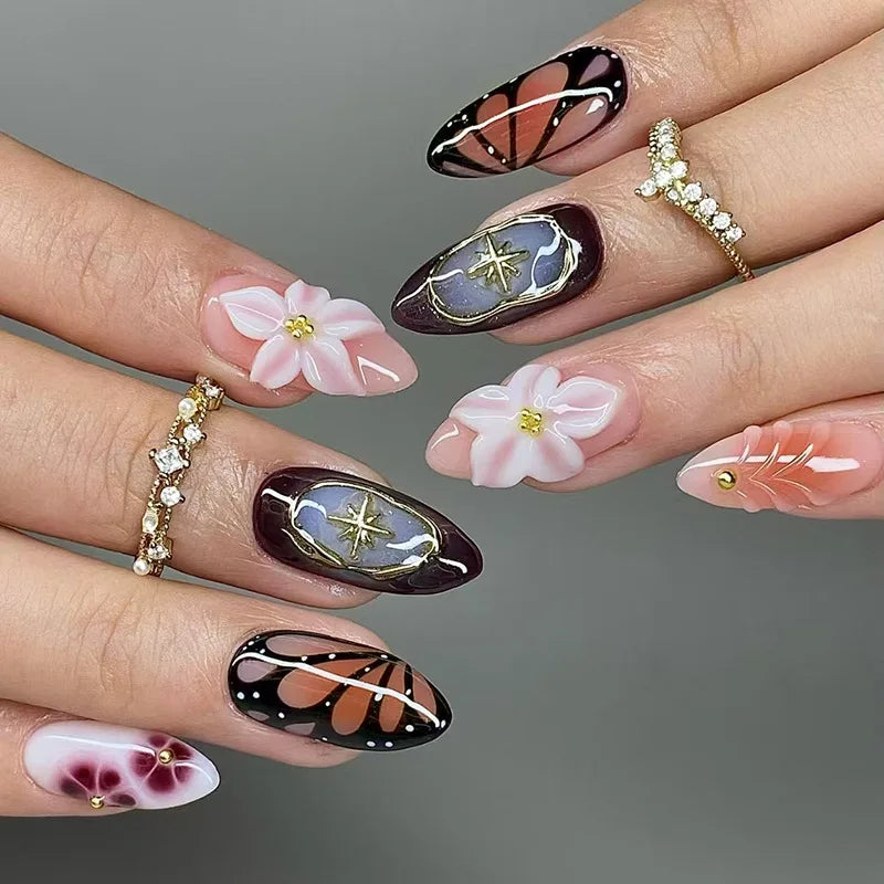 24pcs White Flower Fake Nail Tips Ins Yellow Pink Blush False Nails Wearable Full Cover European Almond Shaped Press on Nails