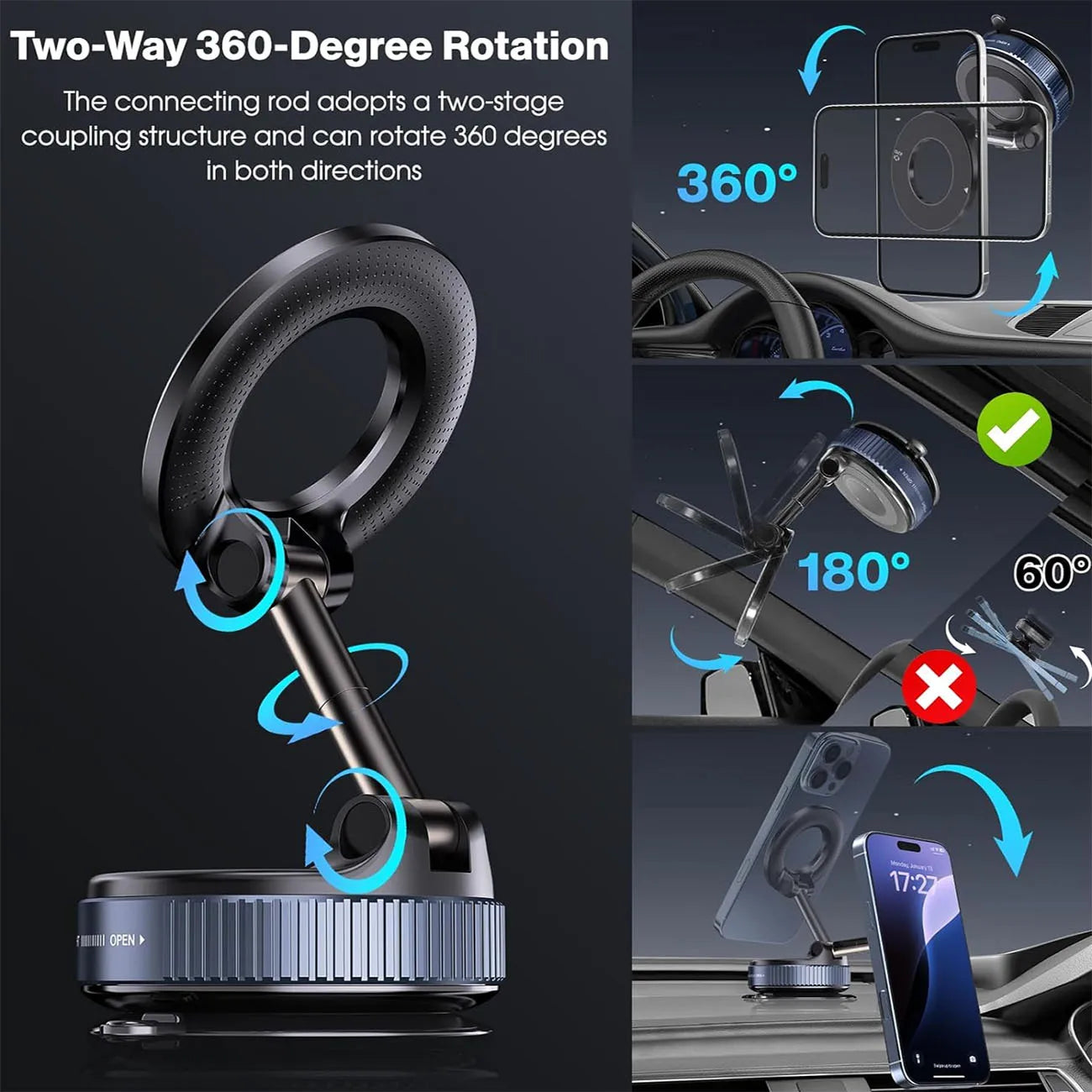 Upgraded 360° Vacuum Magnetic Phone Holder, Magnetic Car Phone Mount, Hands-Free Suction Cup Phone Holder for Car/Gym/Mirror
