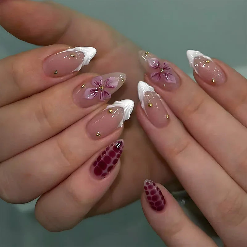 24PCS Pink Almond Press on Nails Full Cover Carved Flower 3D Ripples French Fake Nails for Women with Golden Pearl Wearable Nail