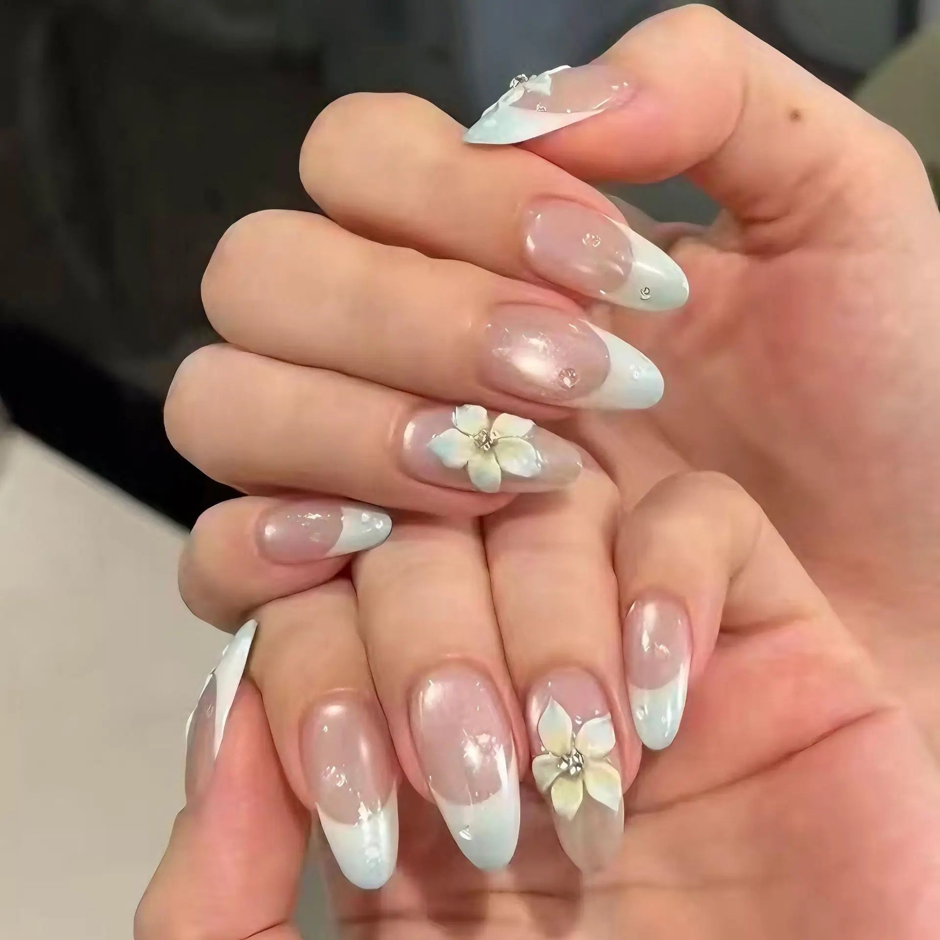 24PCS Pink Almond Press on Nails Full Cover Carved Flower 3D Ripples French Fake Nails for Women with Golden Pearl Wearable Nail