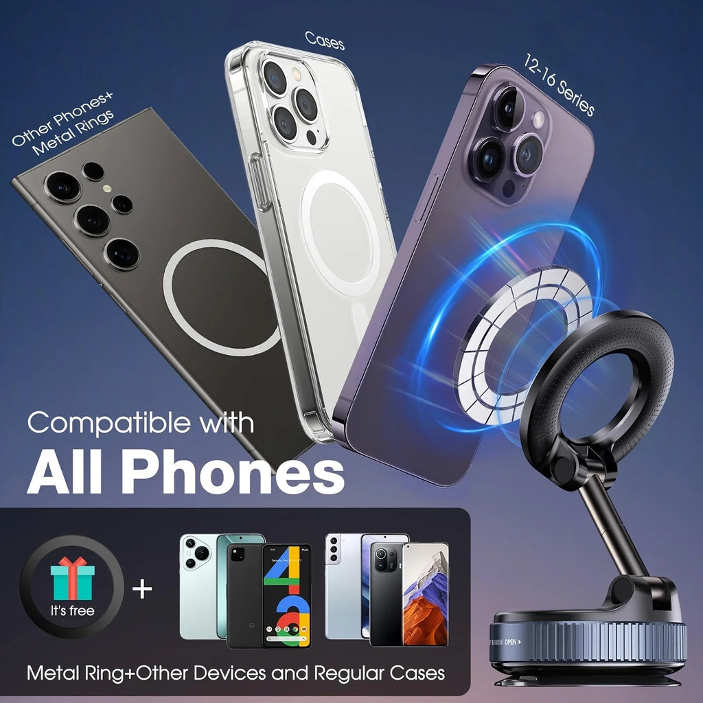 Upgraded 360° Vacuum Magnetic Phone Holder, Magnetic Car Phone Mount, Hands-Free Suction Cup Phone Holder for Car/Gym/Mirror