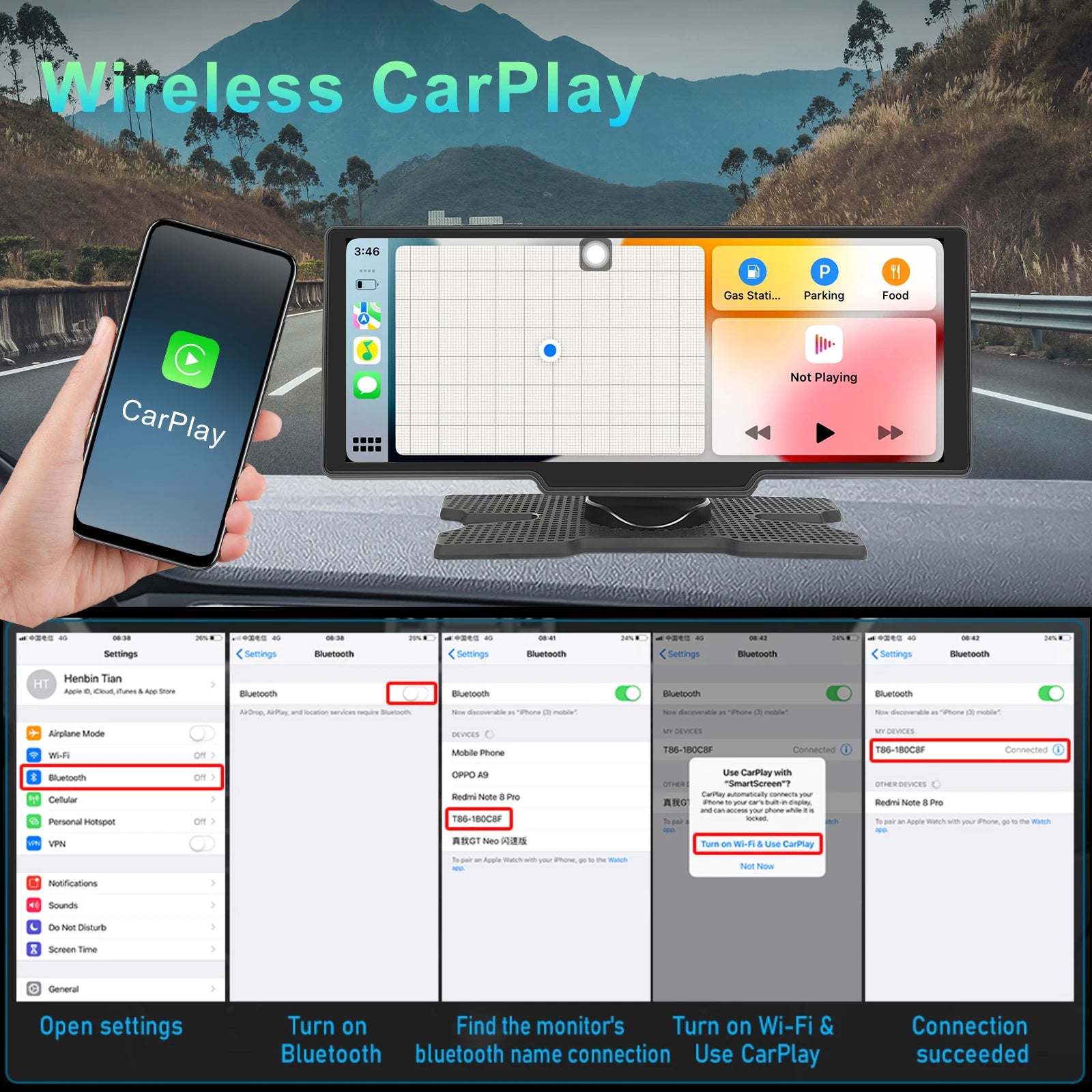 Podofo Wireless Carplay Portable Digital Dashboard Android Auto 10.26 Inch Smart Player With Voice Control 1080P BT TF
