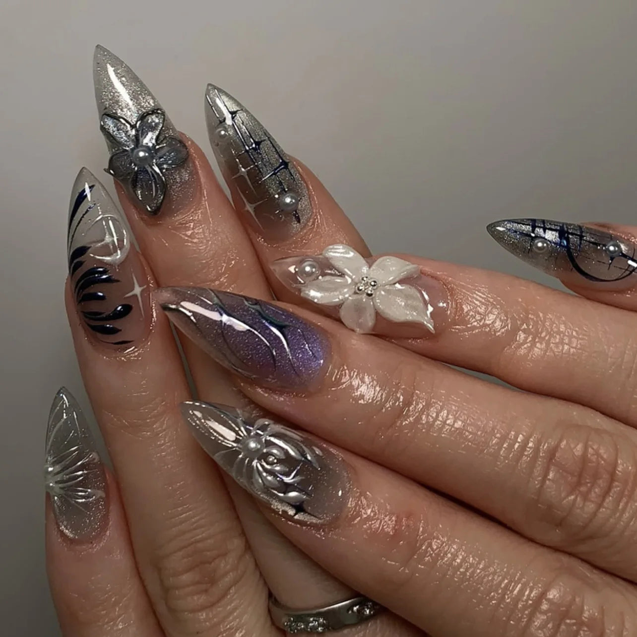 24PCS Pink Almond Press on Nails Full Cover Carved Flower 3D Ripples French Fake Nails for Women with Golden Pearl Wearable Nail