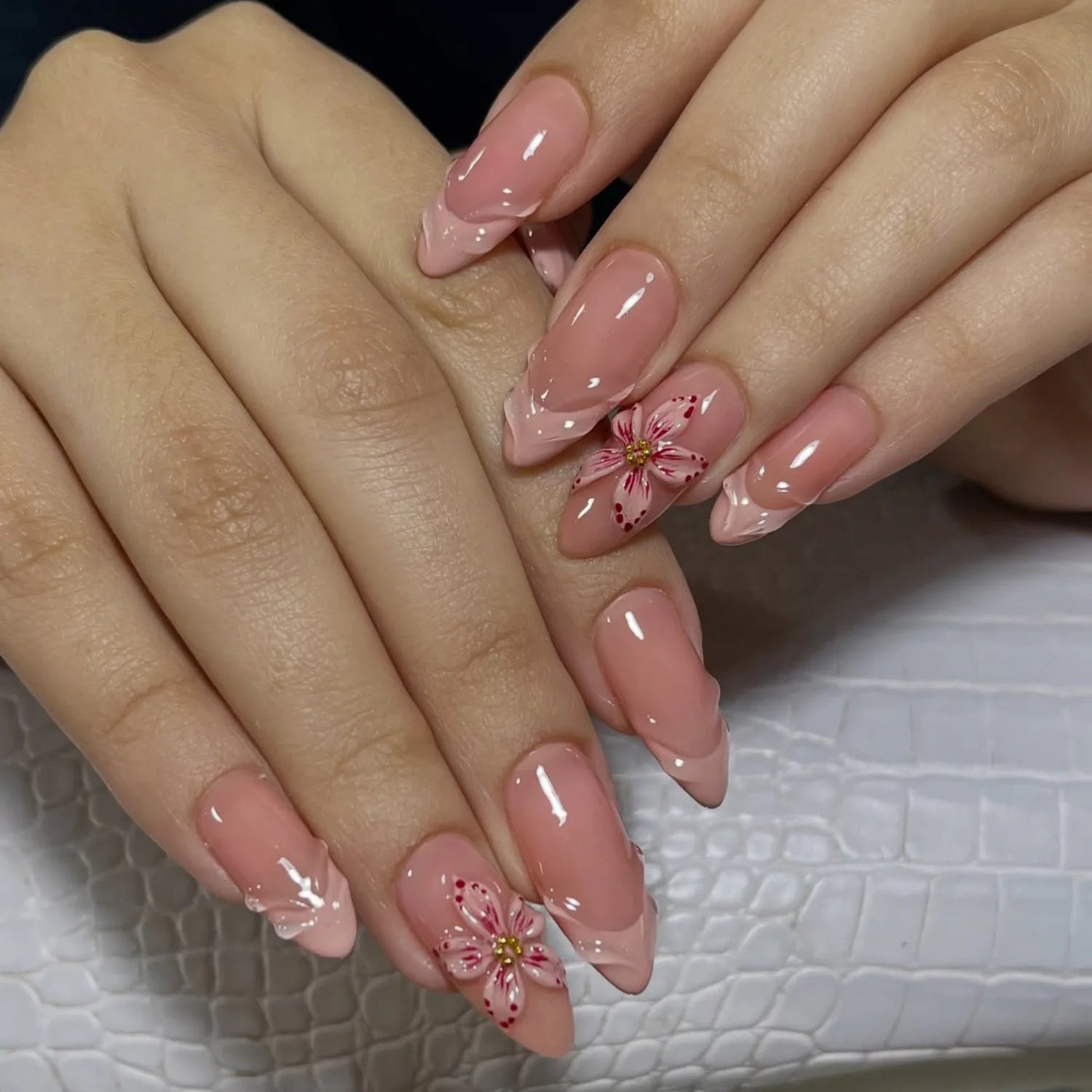 24PCS Pink Almond Press on Nails Full Cover Carved Flower 3D Ripples French Fake Nails for Women with Golden Pearl Wearable Nail