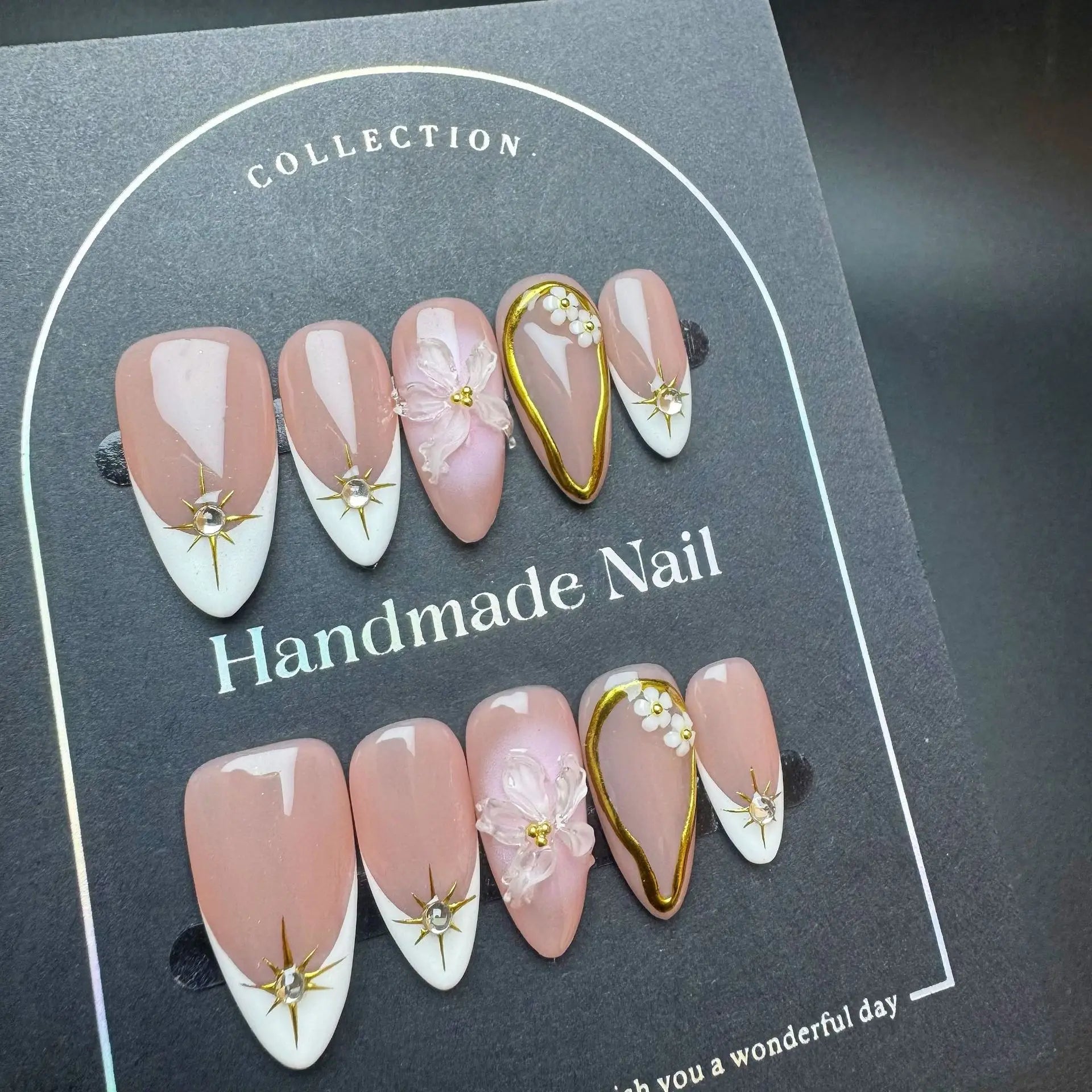 10pcs Handmade French Press on Nails White Edge Design Almond Fake Nails Reusable Wearable 3D Ice Clear Flower False Nails