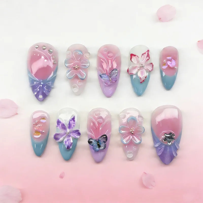 24PCS Pink Almond Press on Nails Full Cover Carved Flower 3D Ripples French Fake Nails for Women with Golden Pearl Wearable Nail