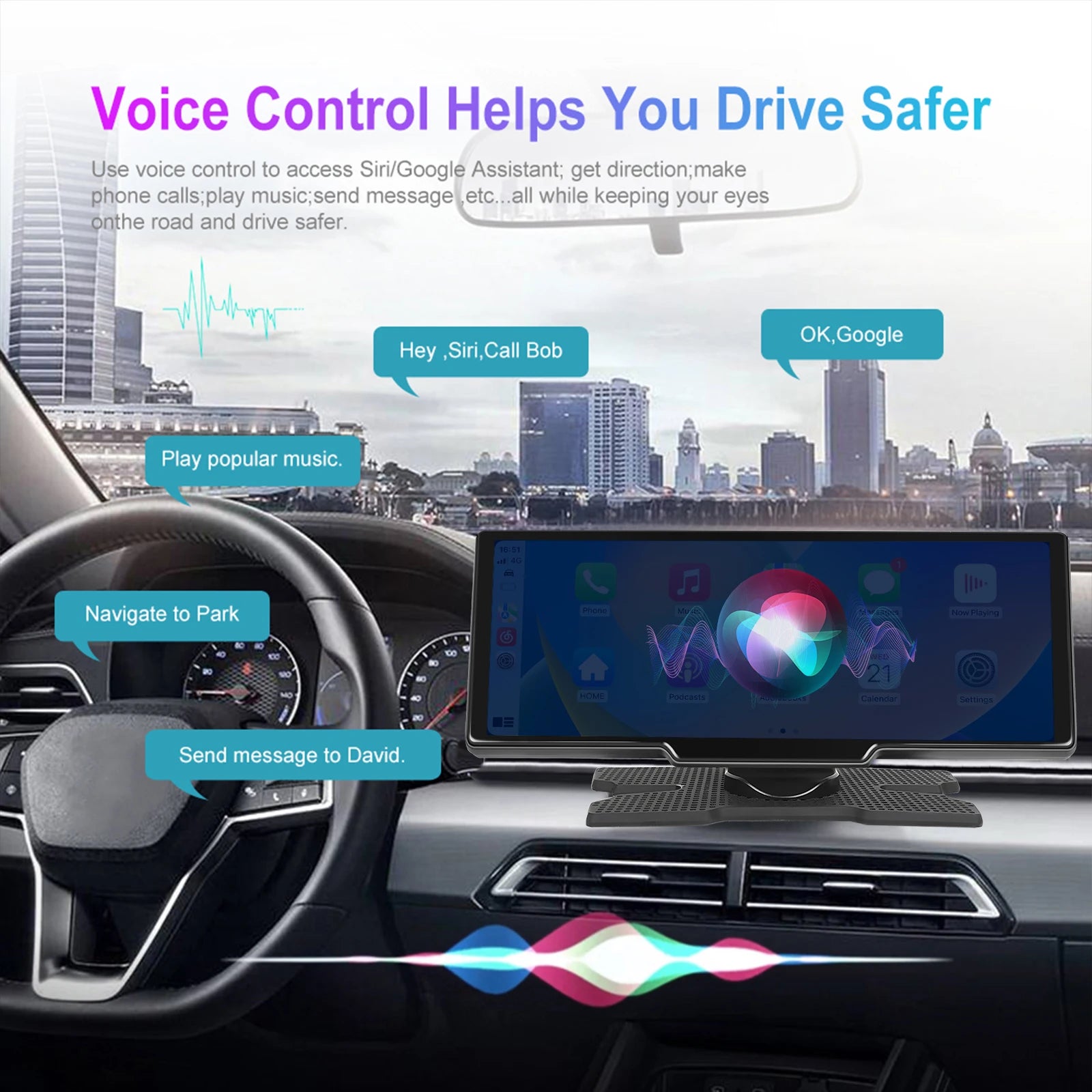 Podofo Wireless Carplay Portable Digital Dashboard Android Auto 10.26 Inch Smart Player With Voice Control 1080P BT TF