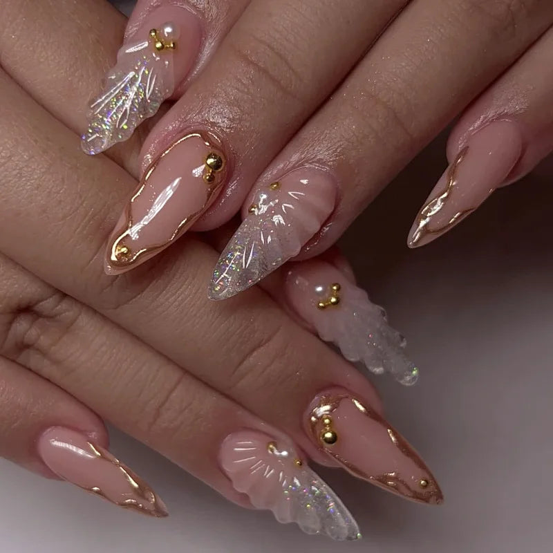 24pcs White Flower Fake Nail Tips Ins Yellow Pink Blush False Nails Wearable Full Cover European Almond Shaped Press on Nails