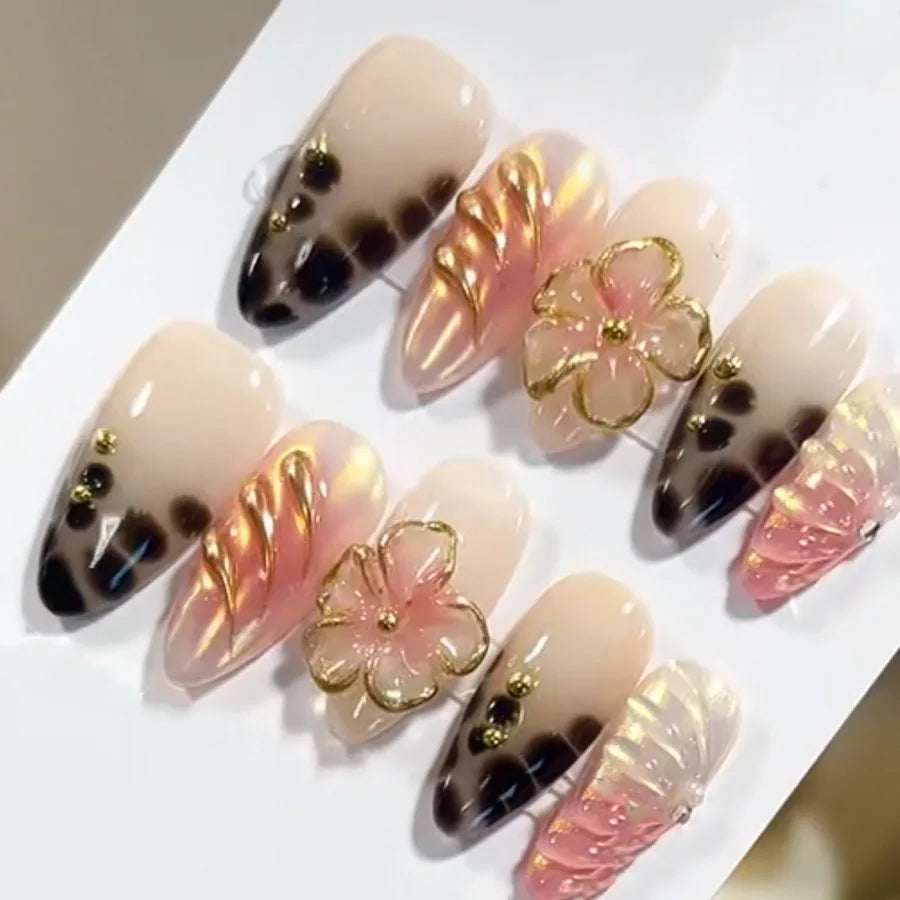 24PCS Pink Almond Press on Nails Full Cover Carved Flower 3D Ripples French Fake Nails for Women with Golden Pearl Wearable Nail