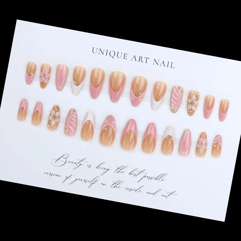 24PCS Pink Almond Press on Nails Full Cover Carved Flower 3D Ripples French Fake Nails for Women with Golden Pearl Wearable Nail