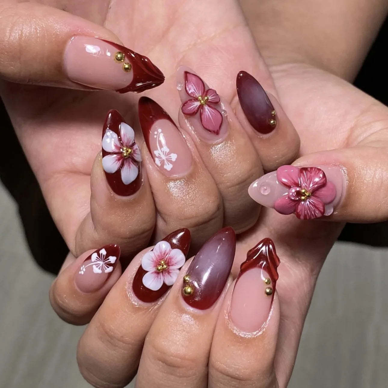 24PCS Pink Almond Press on Nails Full Cover Carved Flower 3D Ripples French Fake Nails for Women with Golden Pearl Wearable Nail