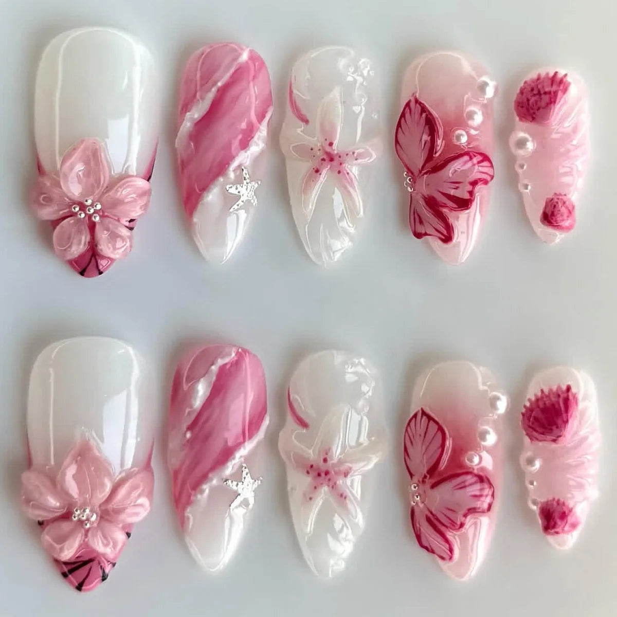 24PCS Pink Almond Press on Nails Full Cover Carved Flower 3D Ripples French Fake Nails for Women with Golden Pearl Wearable Nail