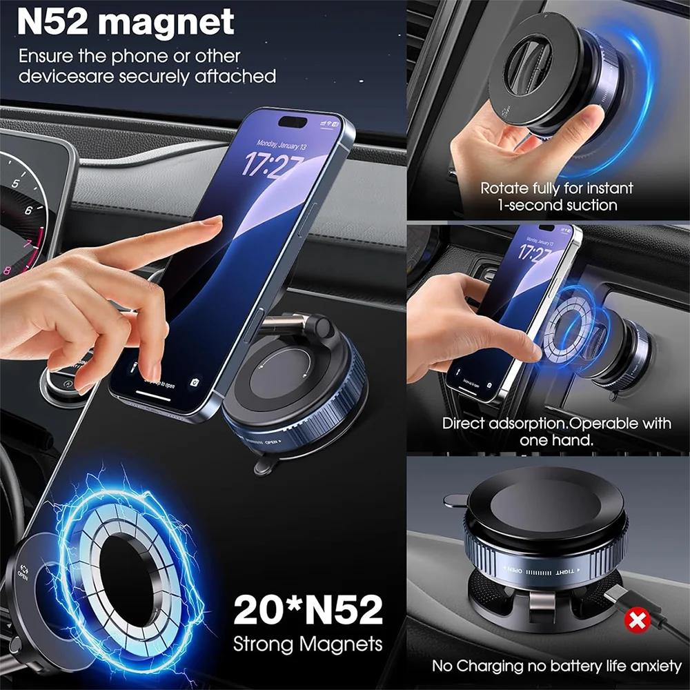 Upgraded 360° Vacuum Magnetic Phone Holder, Magnetic Car Phone Mount, Hands-Free Suction Cup Phone Holder for Car/Gym/Mirror