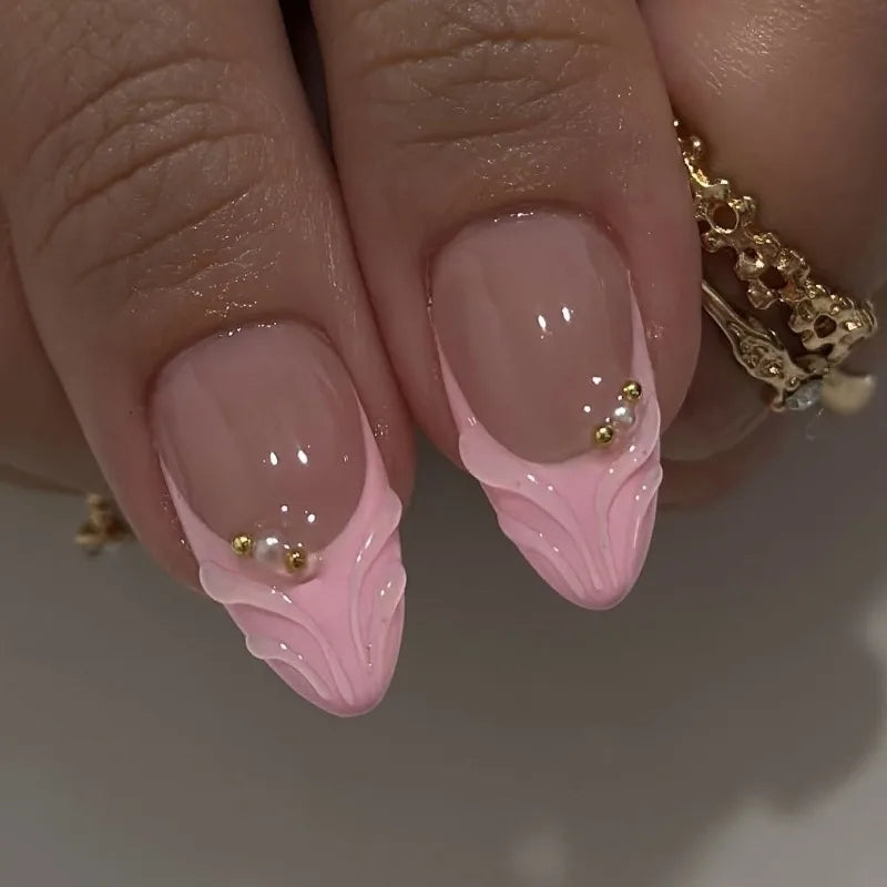 24PCS Pink Almond Press on Nails Full Cover Carved Flower 3D Ripples French Fake Nails for Women with Golden Pearl Wearable Nail