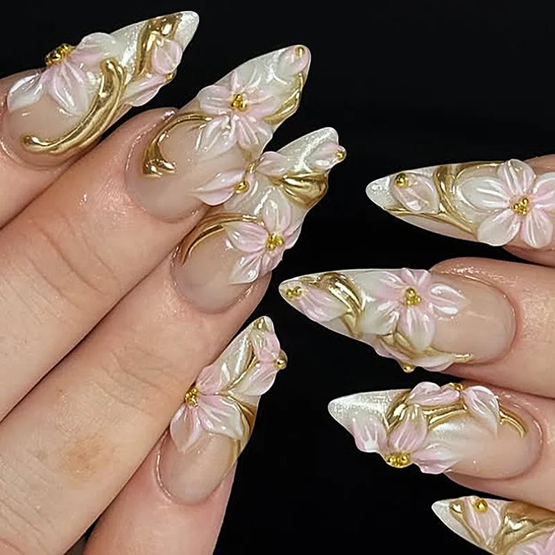 24PCS Pink Almond Press on Nails Full Cover Carved Flower 3D Ripples French Fake Nails for Women with Golden Pearl Wearable Nail
