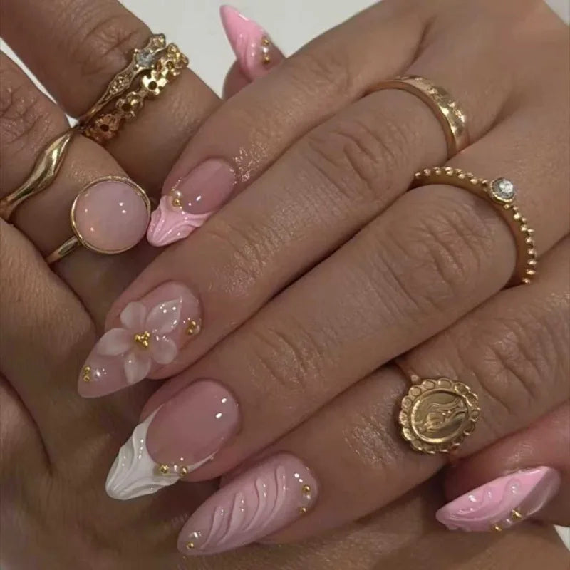 24PCS Pink Almond Press on Nails Full Cover Carved Flower 3D Ripples French Fake Nails for Women with Golden Pearl Wearable Nail