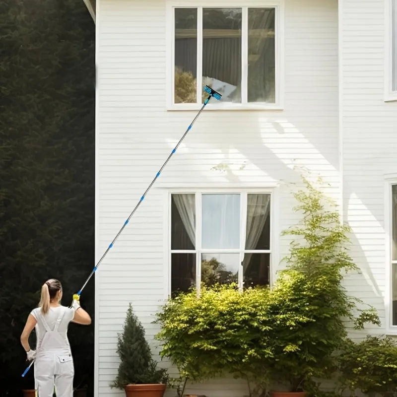 1pcs 2-in-1 High-Rise Window Cleaner Reusable Squeegee & Extendable Pole for Glass Scrubbing Stainless Steel Edge