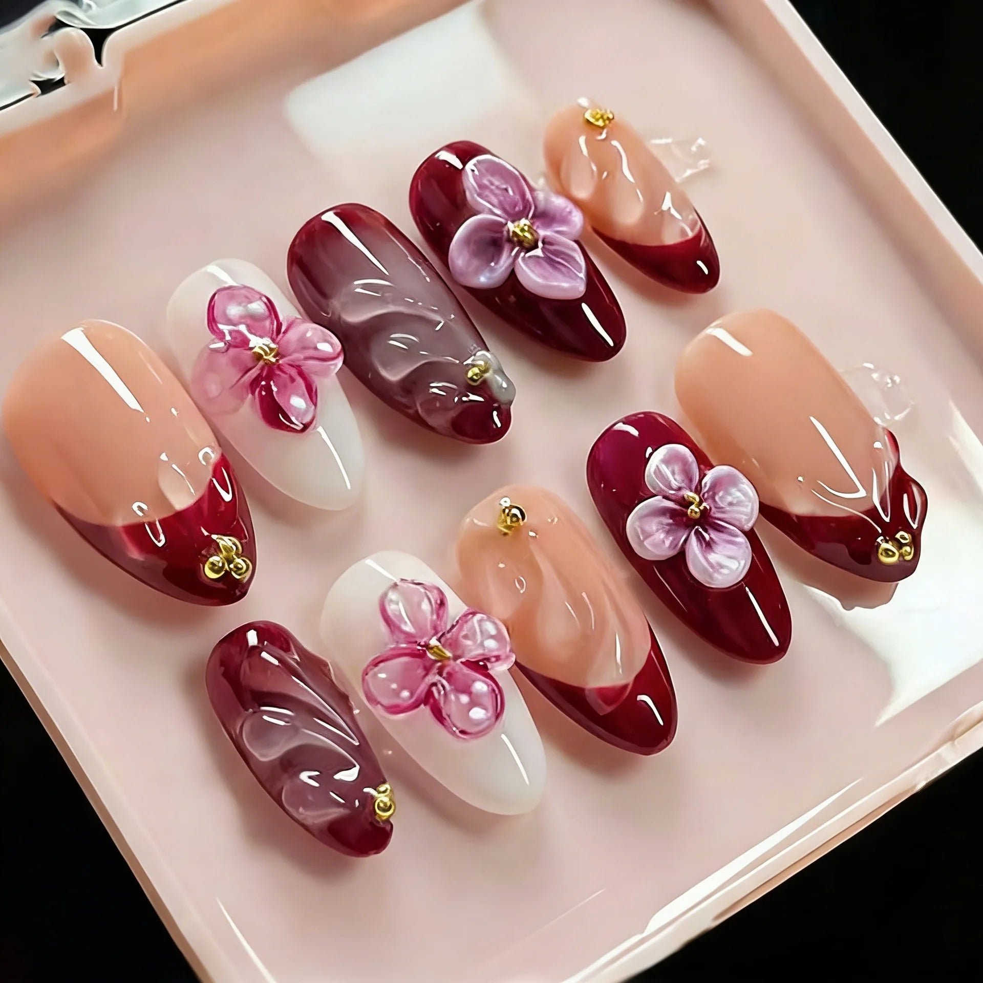 24PCS Pink Almond Press on Nails Full Cover Carved Flower 3D Ripples French Fake Nails for Women with Golden Pearl Wearable Nail