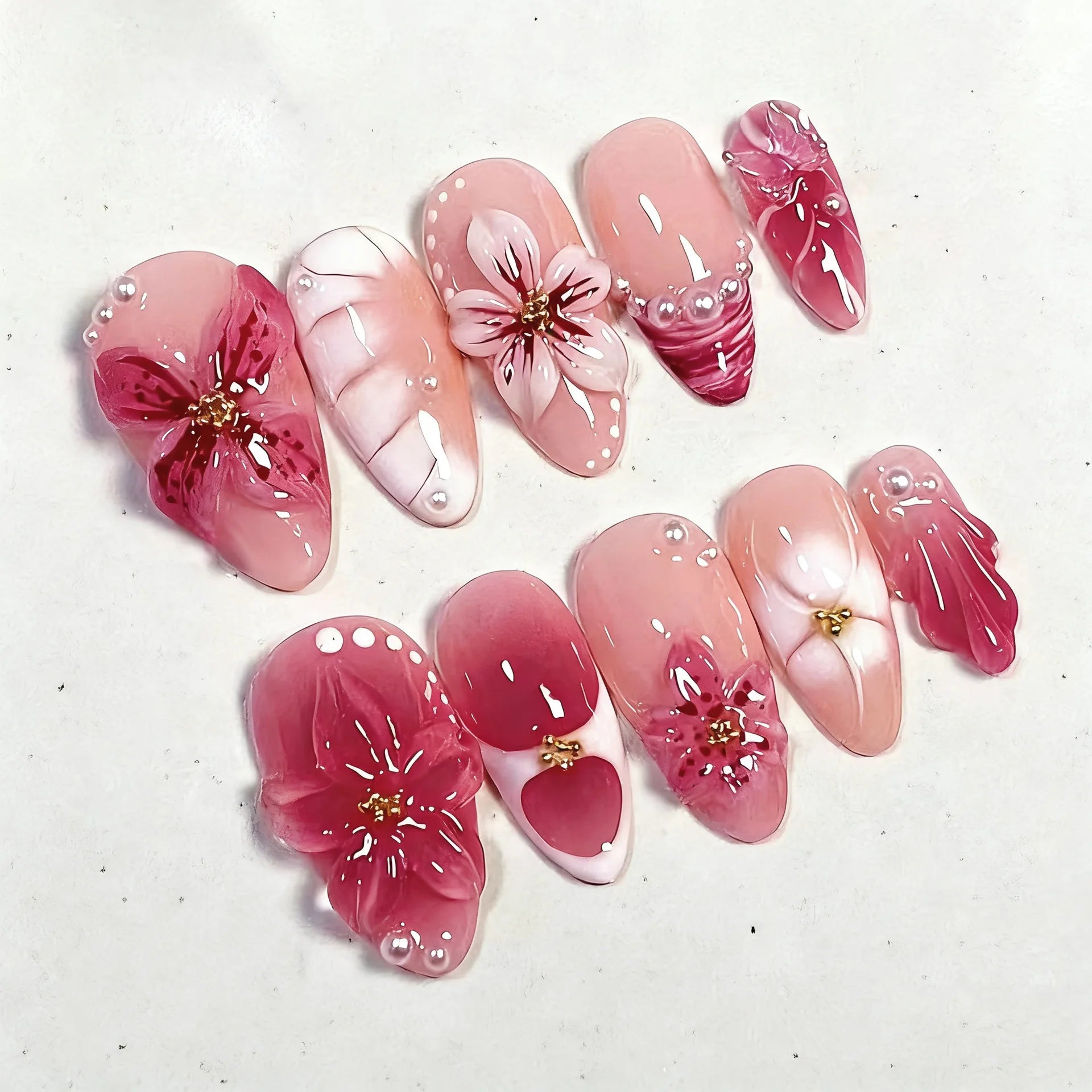 24PCS Pink Almond Press on Nails Full Cover Carved Flower 3D Ripples French Fake Nails for Women with Golden Pearl Wearable Nail