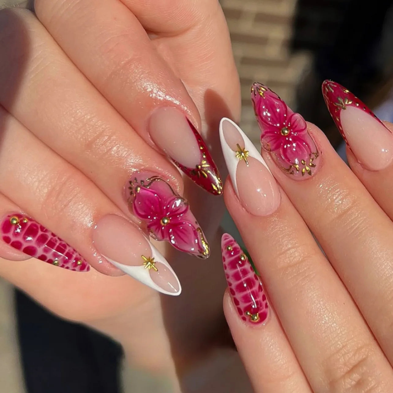 24PCS Pink Almond Press on Nails Full Cover Carved Flower 3D Ripples French Fake Nails for Women with Golden Pearl Wearable Nail