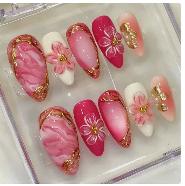 24PCS Pink Almond Press on Nails Full Cover Carved Flower 3D Ripples French Fake Nails for Women with Golden Pearl Wearable Nail