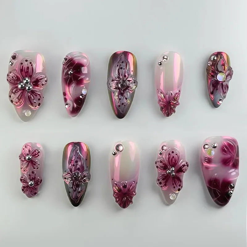 24PCS Pink Almond Press on Nails Full Cover Carved Flower 3D Ripples French Fake Nails for Women with Golden Pearl Wearable Nail