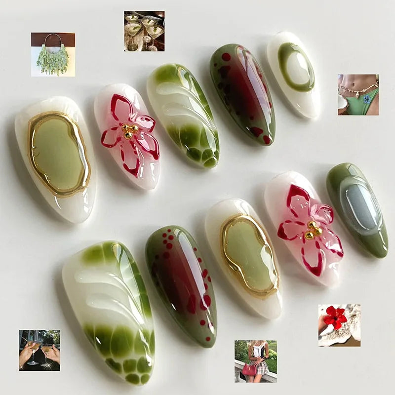 24PCS Pink Almond Press on Nails Full Cover Carved Flower 3D Ripples French Fake Nails for Women with Golden Pearl Wearable Nail