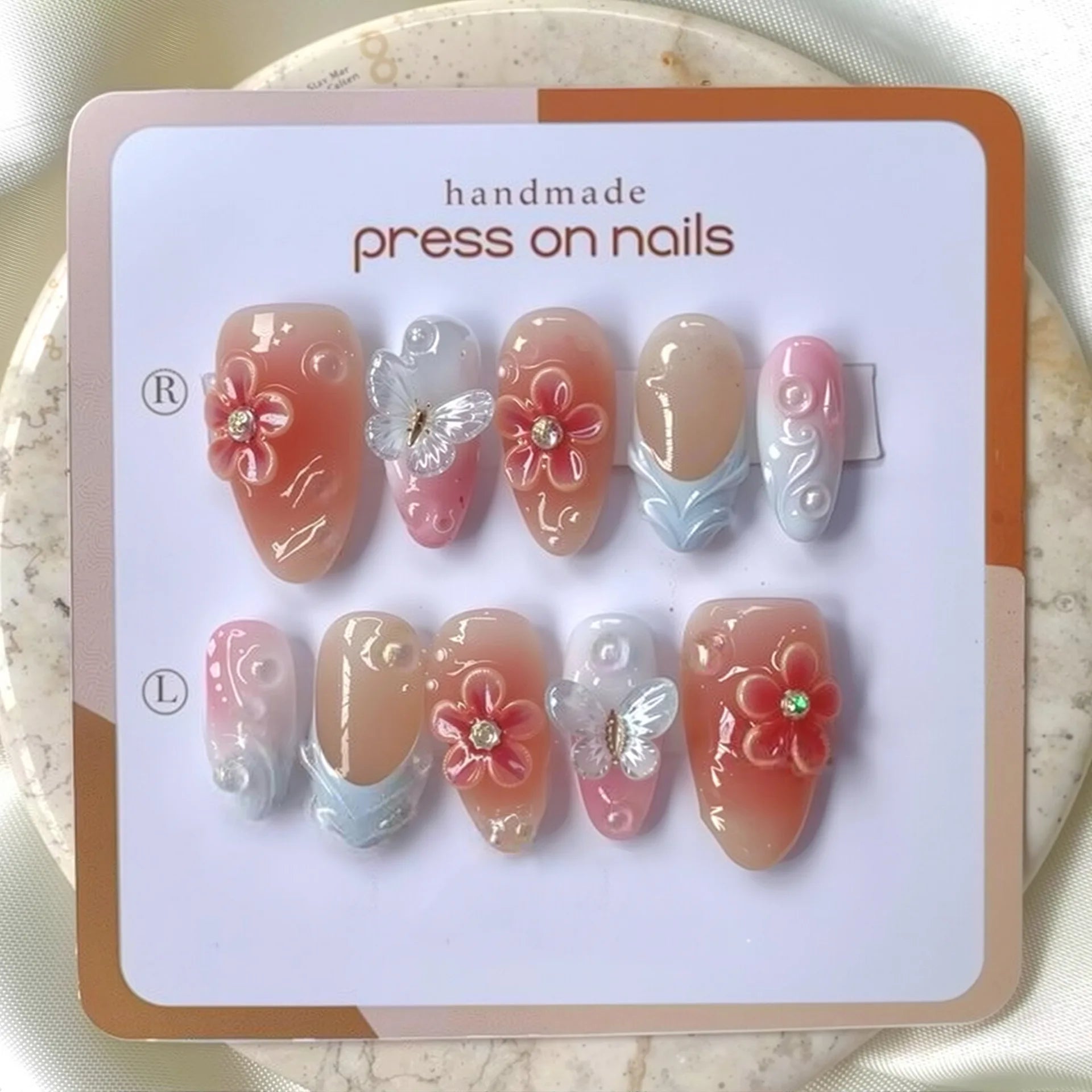 24PCS Pink Almond Press on Nails Full Cover Carved Flower 3D Ripples French Fake Nails for Women with Golden Pearl Wearable Nail