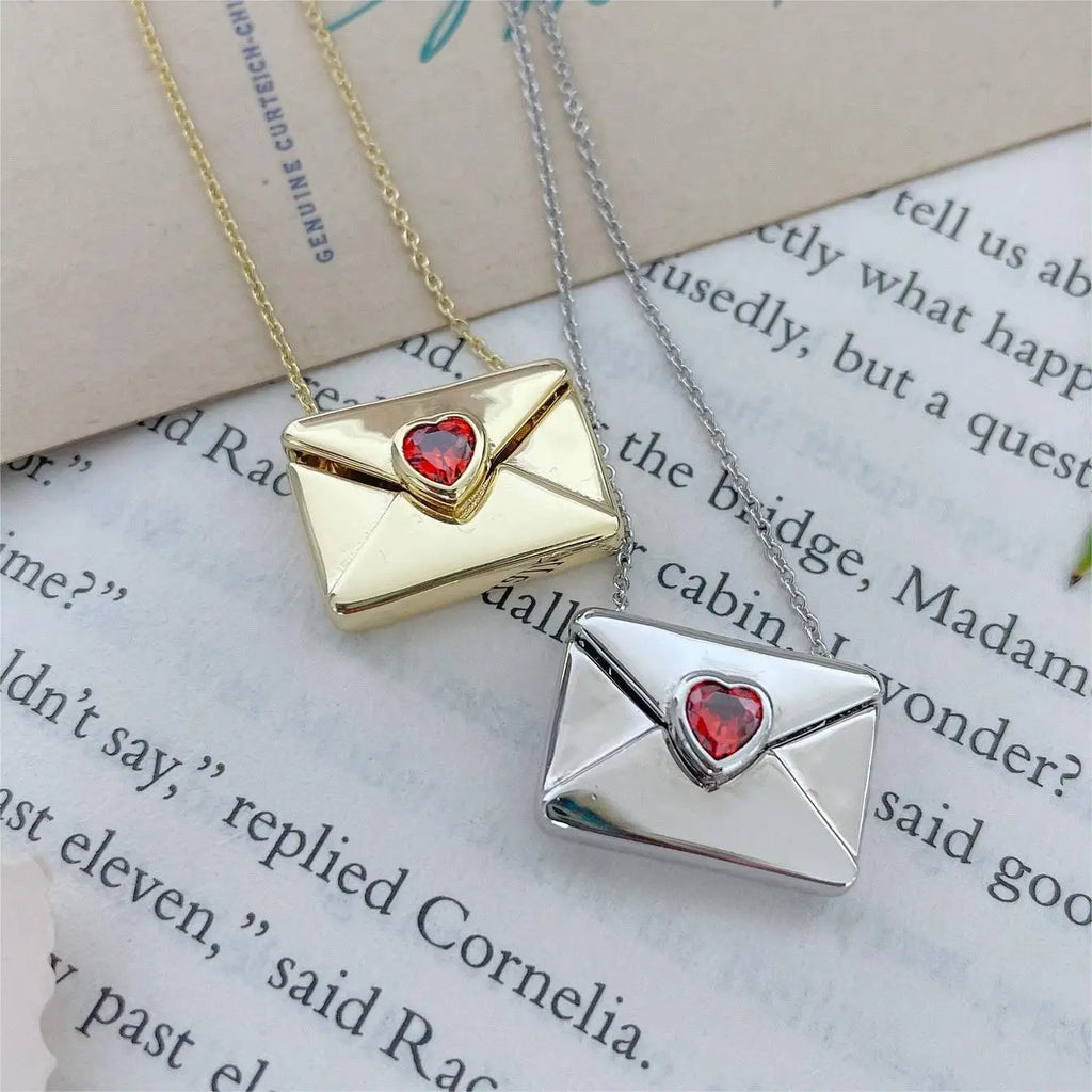 Vintage Heart Zircon Lettering I Love You Square Metal Pendant Openable Envelope Necklace Stainless Steel Choker Collar Jewelry