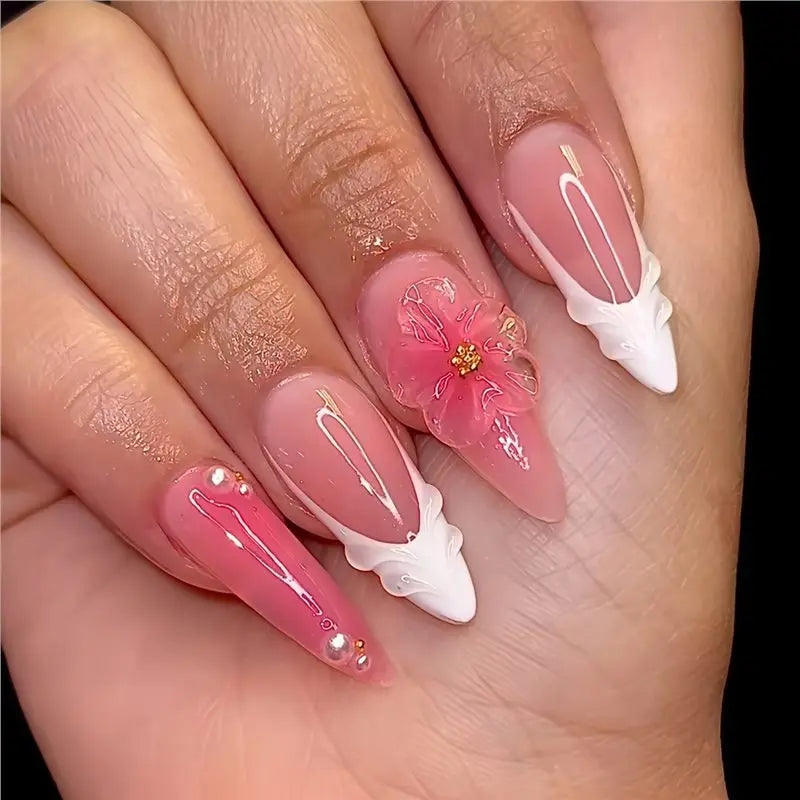 24PCS Pink Almond Press on Nails Full Cover Carved Flower 3D Ripples French Fake Nails for Women with Golden Pearl Wearable Nail