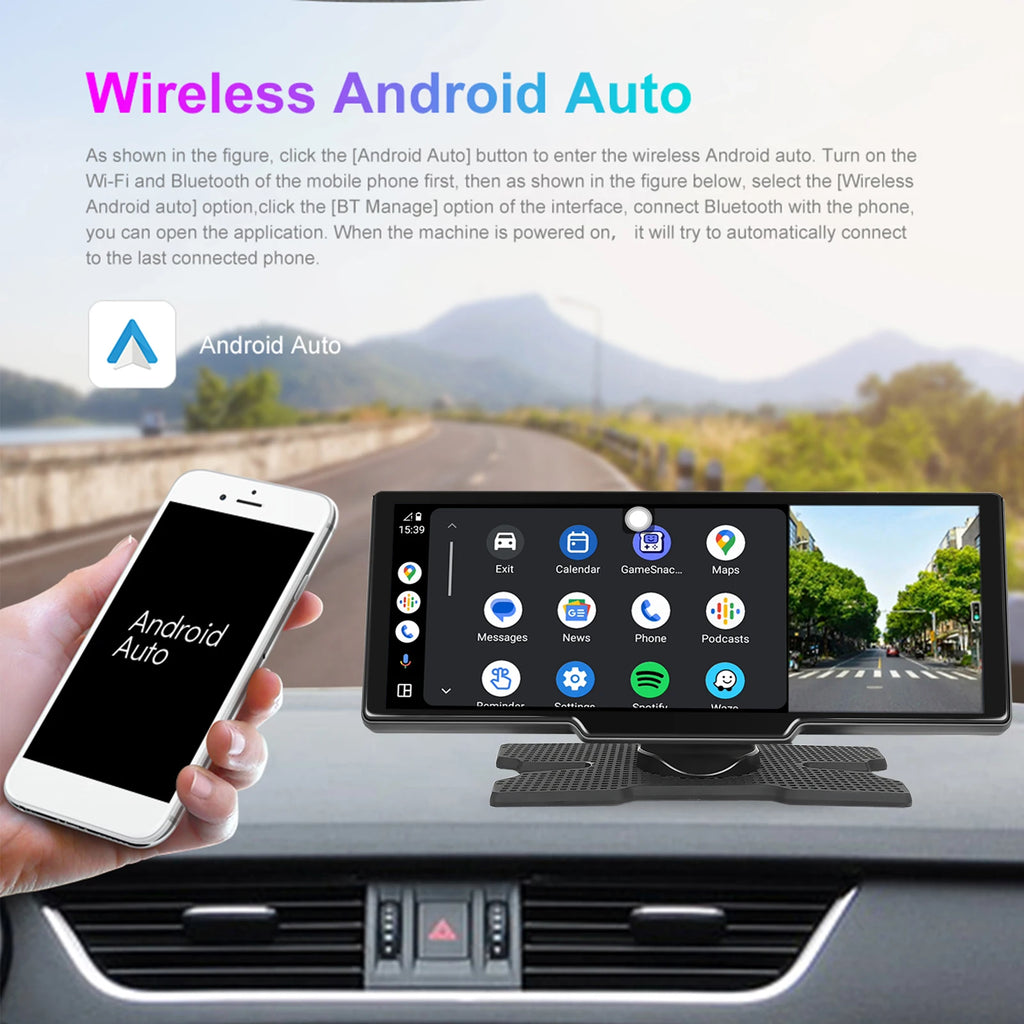 Podofo Wireless Carplay Portable Digital Dashboard Android Auto 10.26 Inch Smart Player With Voice Control 1080P BT TF