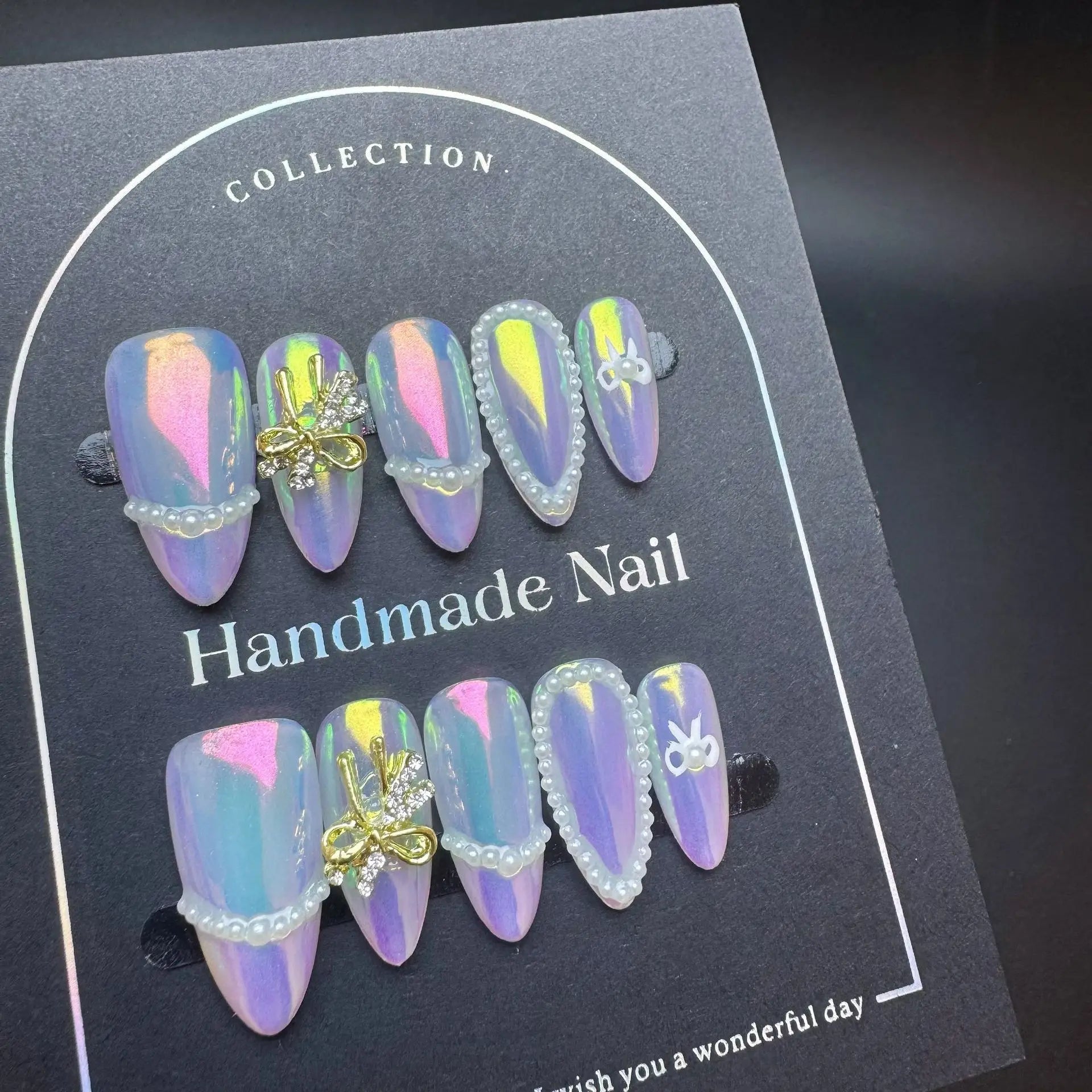 10pcs Handmade French Press on Nails White Edge Design Almond Fake Nails Reusable Wearable 3D Ice Clear Flower False Nails