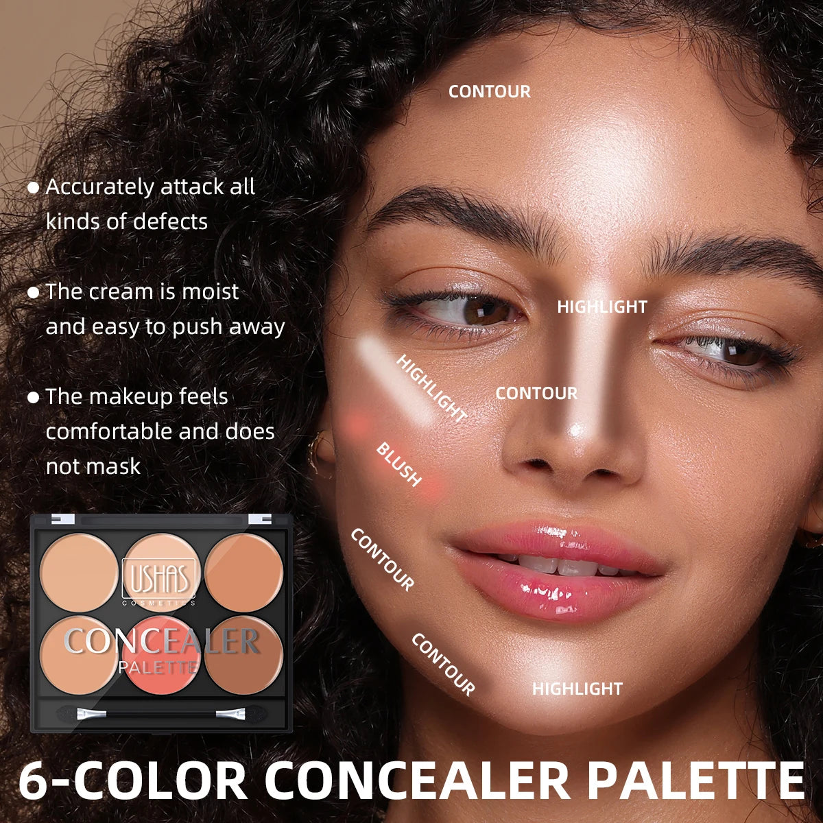 USHAS 6-Color Concealer Palette, Cover Spots Dark Circles, Moist Non-Caking, Contour Brighten, For Beginners Daily Makeup