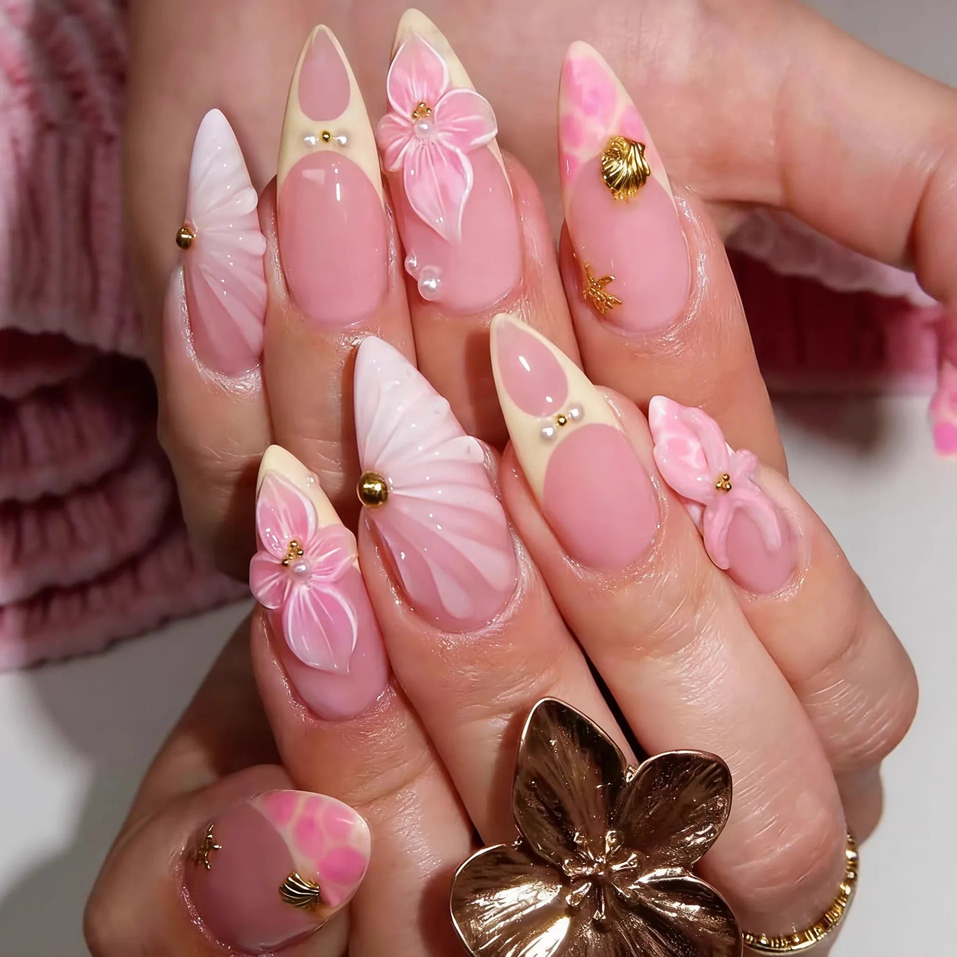 24PCS Pink Almond Press on Nails Full Cover Carved Flower 3D Ripples French Fake Nails for Women with Golden Pearl Wearable Nail